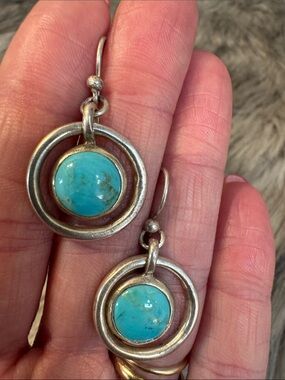 Turquoise Stone Circle Drop Earrings - Silver